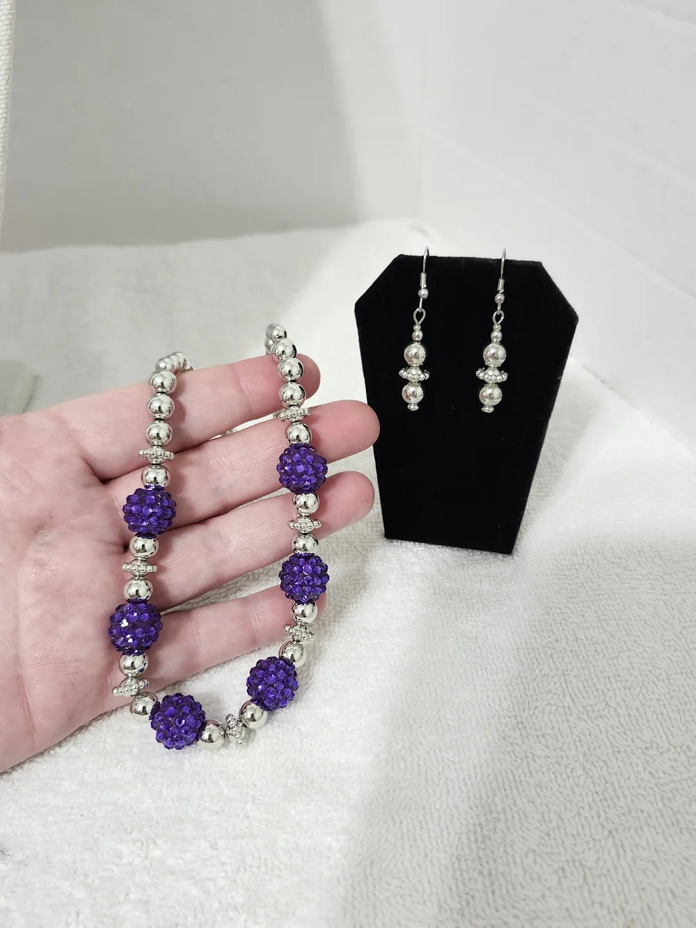 Purple Studded Ball Bead Necklace & Earring Set Statement Casual Handmade New